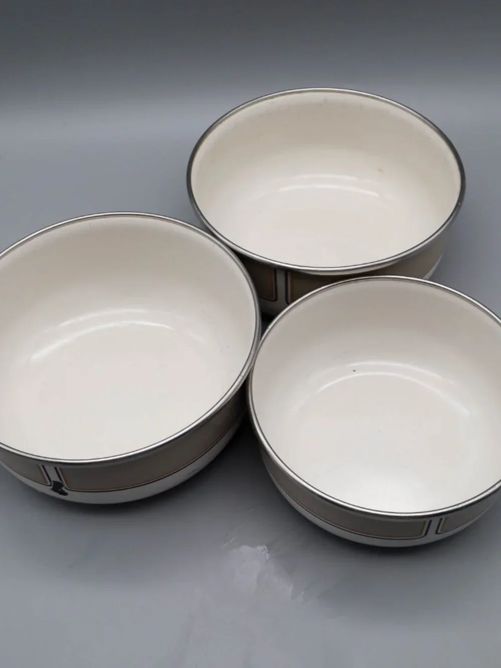 3 Vintage Kobe Kitchen Enamelware Bowls Mod Geometric Design Art Deco MCM
